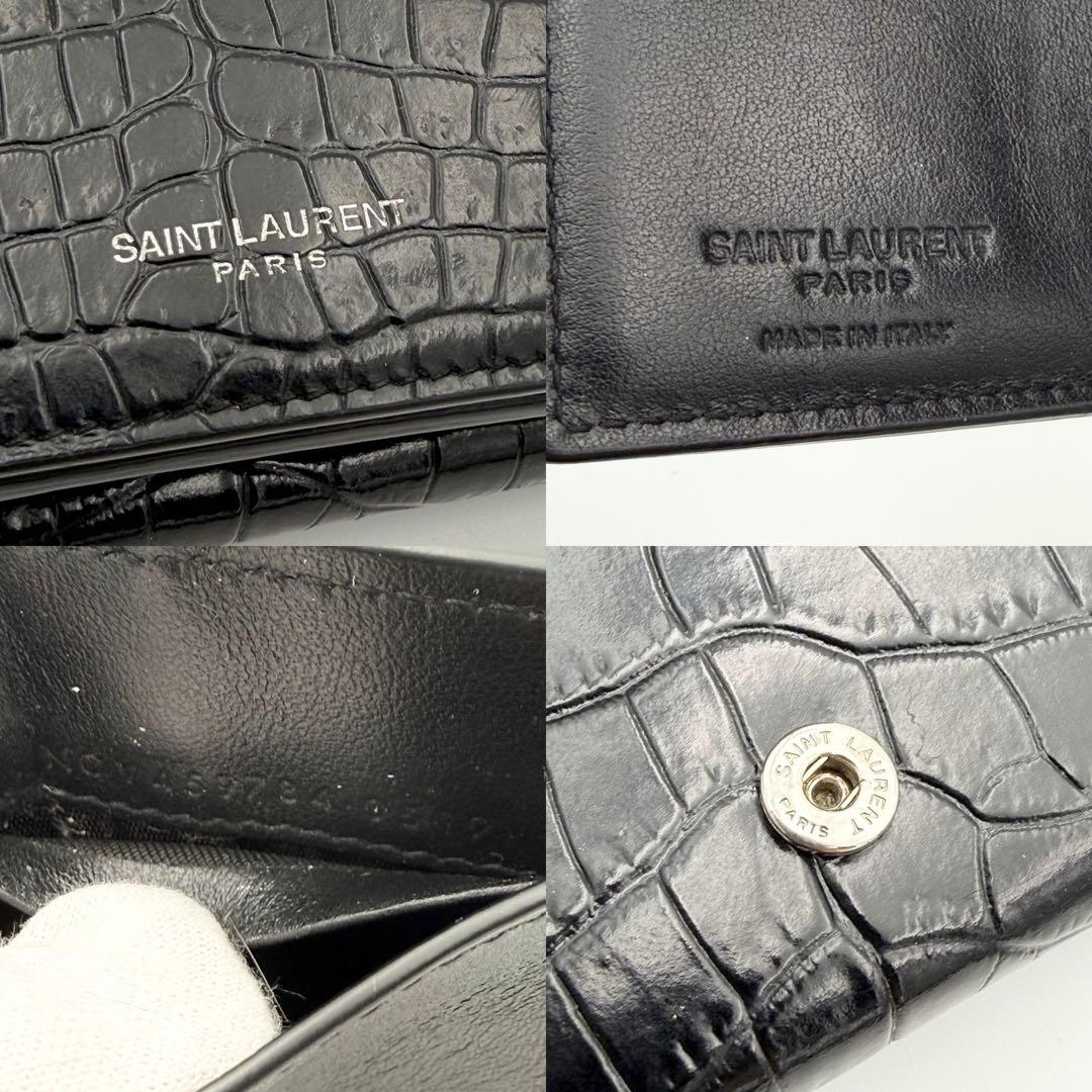 美品✨ Saint Laurent 3つ折り財布 クロコ型押し ブラック レザー