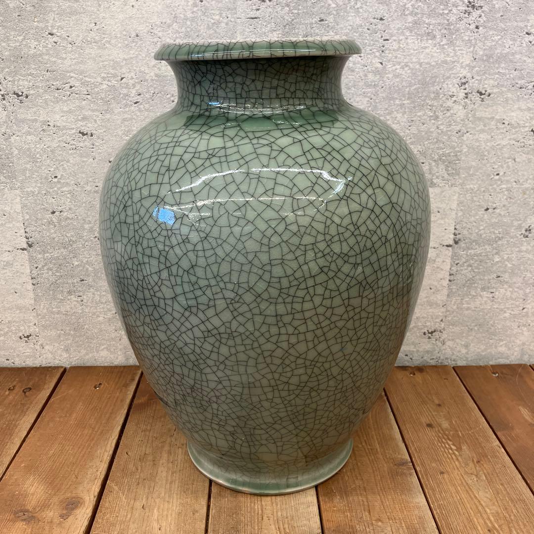 昭和レトロ 大堀相馬焼 陶器製 青ひび焼 青磁釉 貫入 走り駒 馬 飾り壺 置物