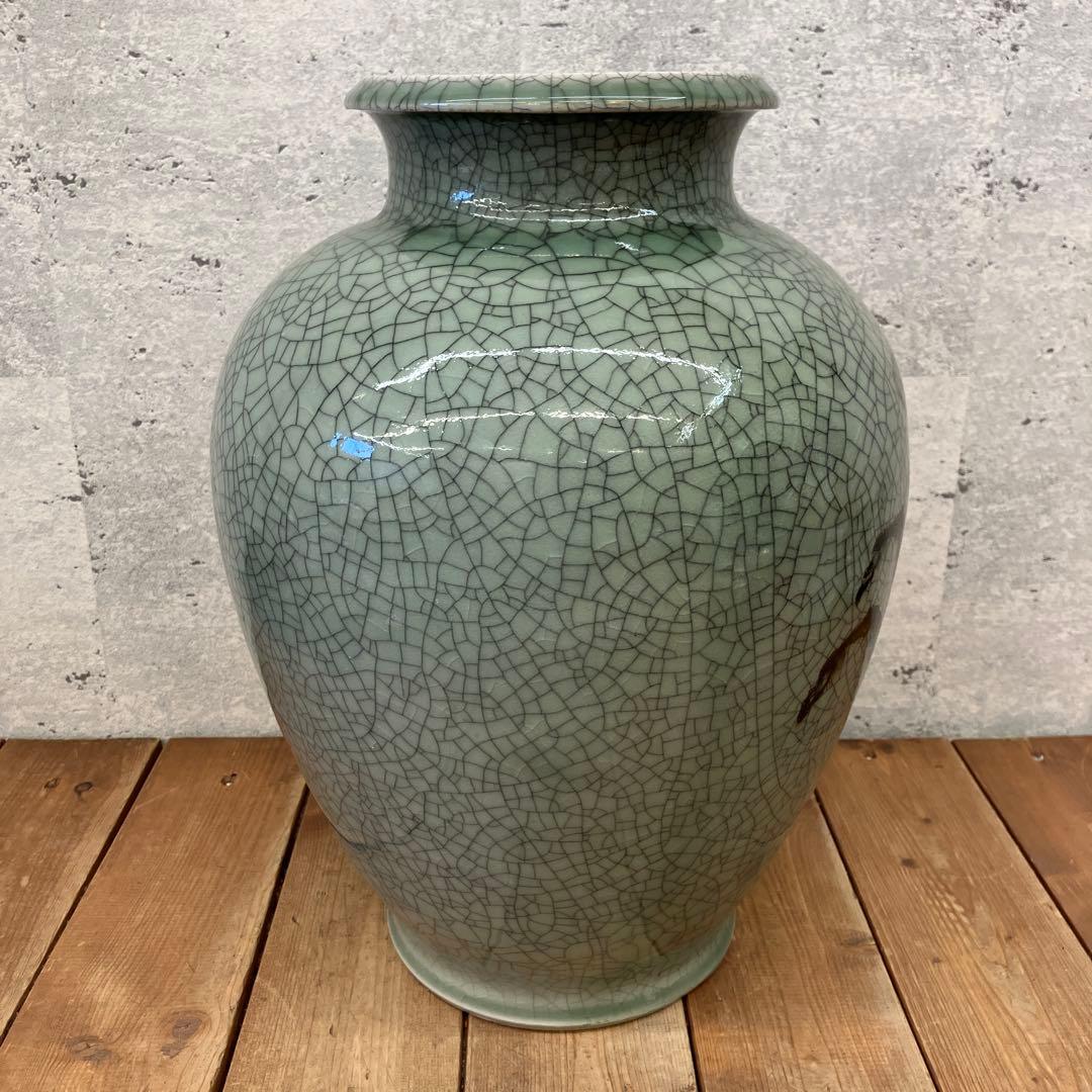 昭和レトロ 大堀相馬焼 陶器製 青ひび焼 青磁釉 貫入 走り駒 馬 飾り壺 置物