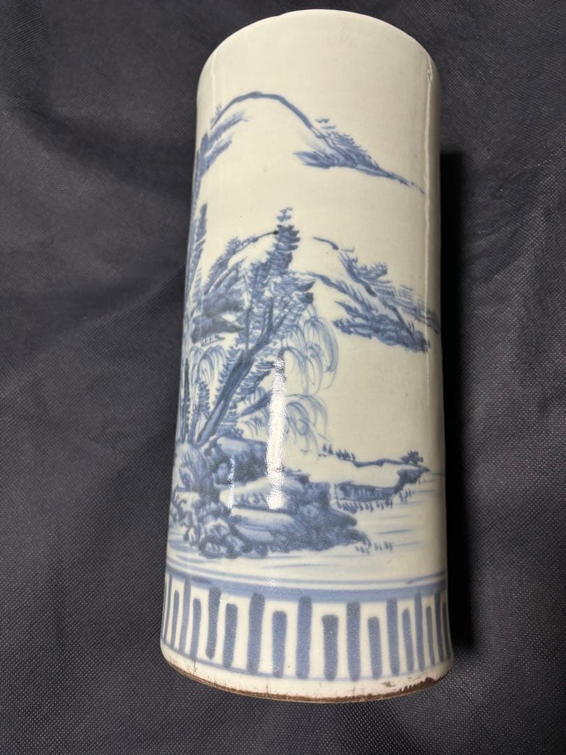 中国古美術 明清の時代　豆青釉　手絵青花花瓶　染付帽筒　筆筒　30cm