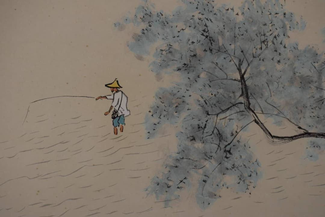 【複製】川合玉堂/清流釣魚/釣人図/横物/工芸品/掛軸☆宝船☆Y-451　JM