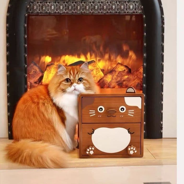 猫の顔デザイン木製収納ボックス