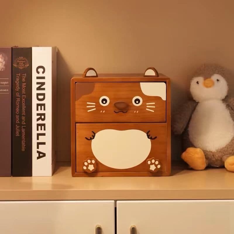 猫の顔デザイン木製収納ボックス