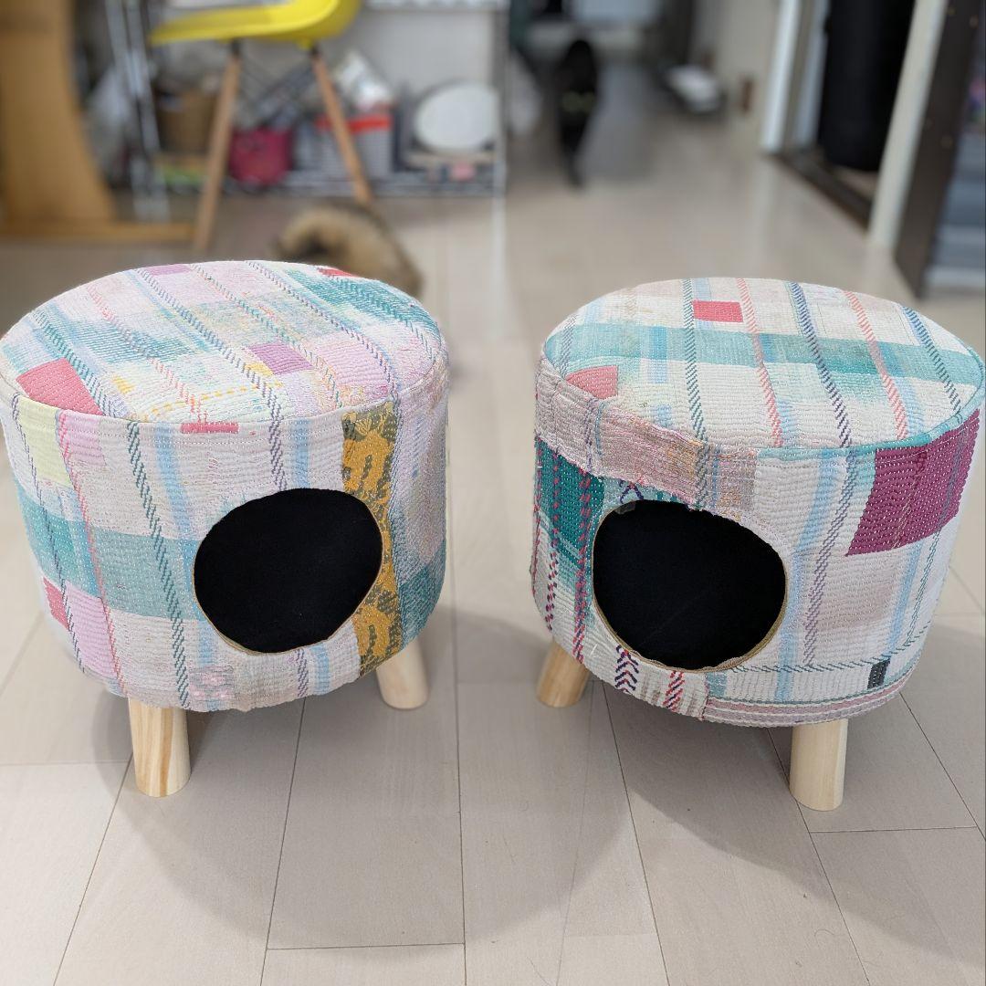 ヴィンテージラリーキルトのペットハウス　スツール　ラウンド　刺し子　刺繍　椅子