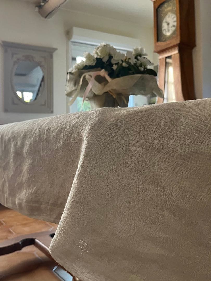 ◆フランスアンティーク｜大判リネン赤イニシャル刺繍テーブルマルチクロスダマスク織