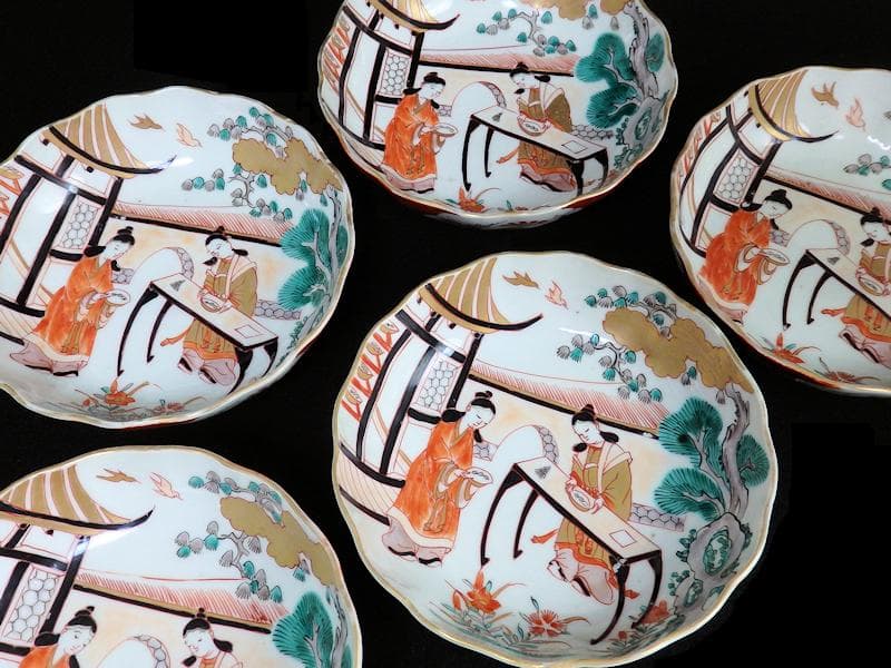 古伊万里　金襴手　唐人美人図　膾皿　５客　615AS-AEy