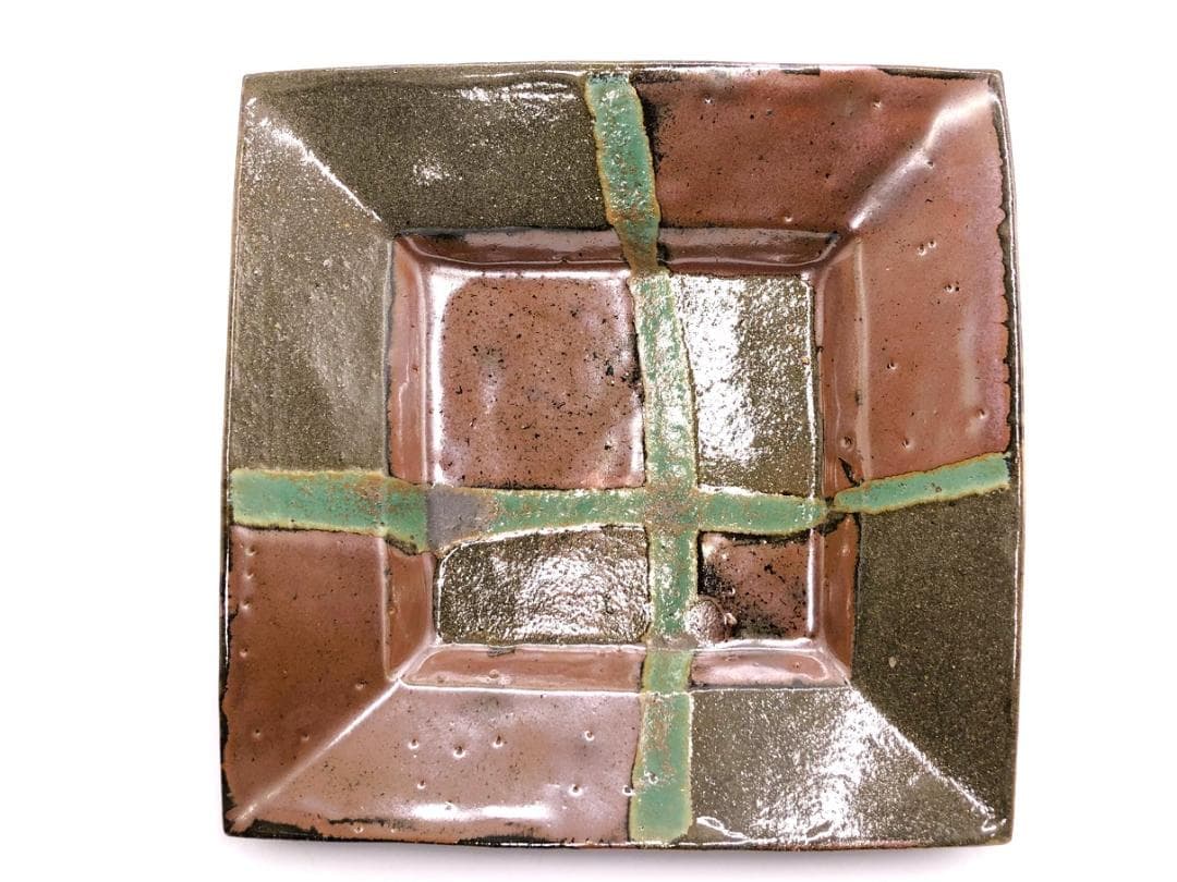 【 人間国宝 浜田庄司 】　柿釉青差角盛皿 40cm本人作　蔵出初品