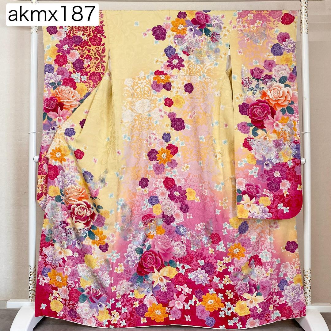 akmx187 正絹 振袖 銀通し イエロー パールトーン加工 ９号 花柄