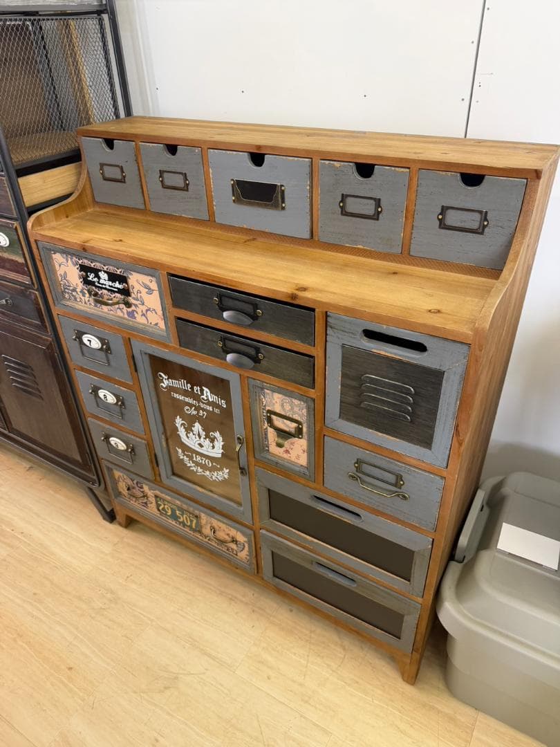 天然木　スチール　キャビネット　インダストリアル　チェスト　引出　レトロ　棚