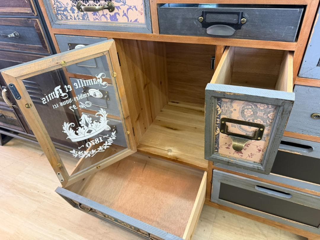 天然木　スチール　キャビネット　インダストリアル　チェスト　引出　レトロ　棚