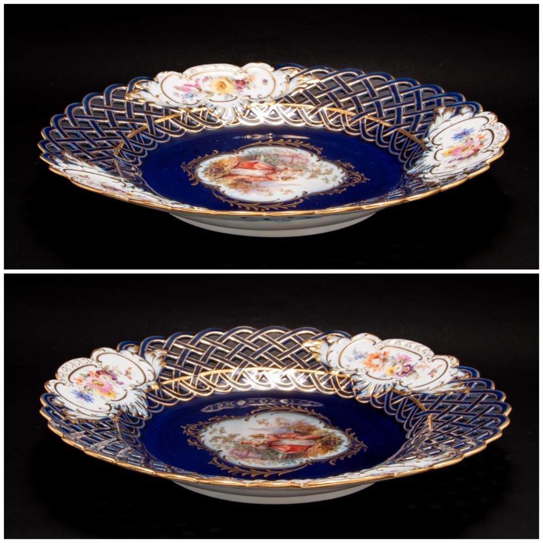 古マイセン 金彩 ワトー恋人文 コバルトロカイユ窓 透かし絵皿 直径 29cm