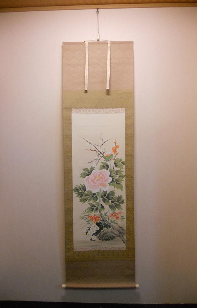 掛け軸 玉苑 四季花 絹本 希少 軸装 茶道具 掛軸 美品 です。