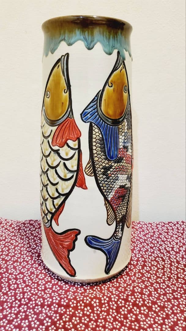 ⑥宮城三成 魚紋 大筒壺 鮮やか 人間国宝孫 やちむん 沖縄