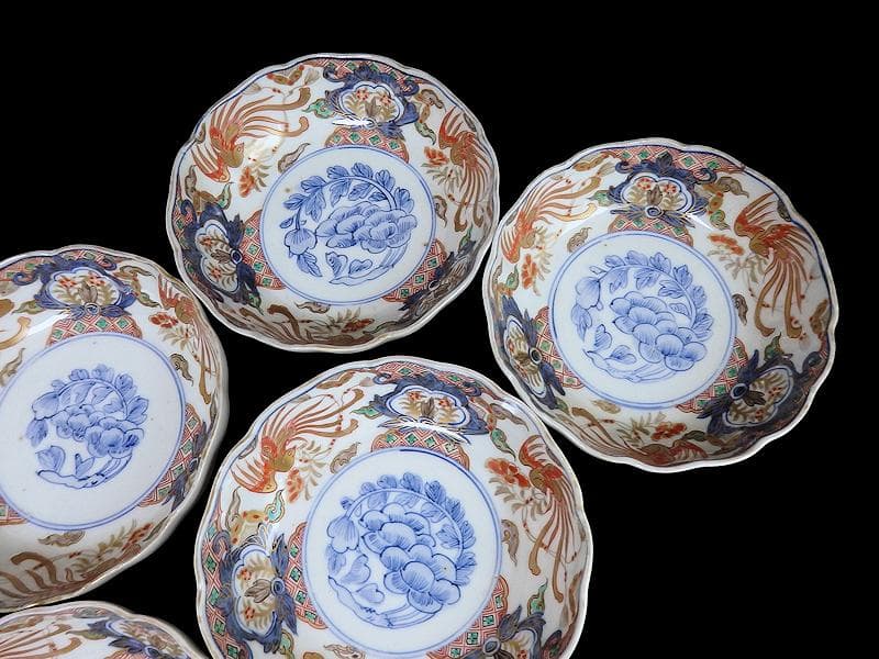 古伊万里　色絵　鳳凰に牡丹の図　膾皿　５客　C380AS-CZf