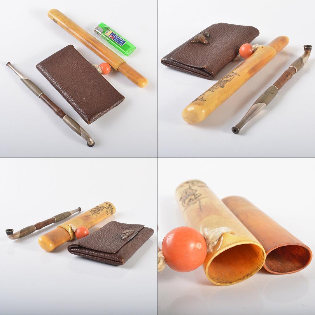 eee　彫金鳥文斑竹羅宇配管獣骨製人物刻配管入革製煙草入緒締玉BR6225