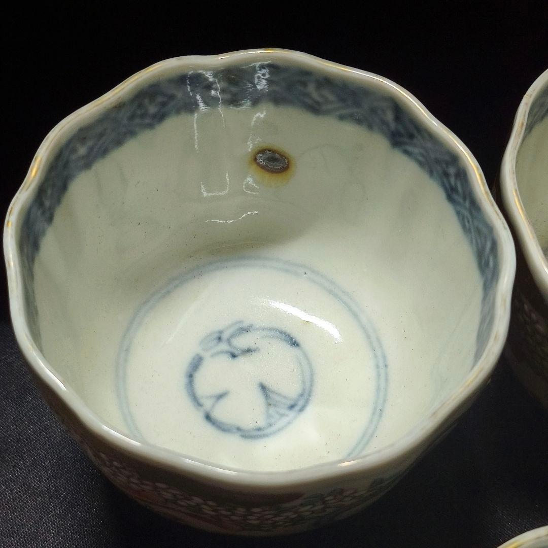 古伊万里 色絵蕎麦猪口5客 金縁 風景文 手描き 時代物 明治骨董 旧家蔵出し