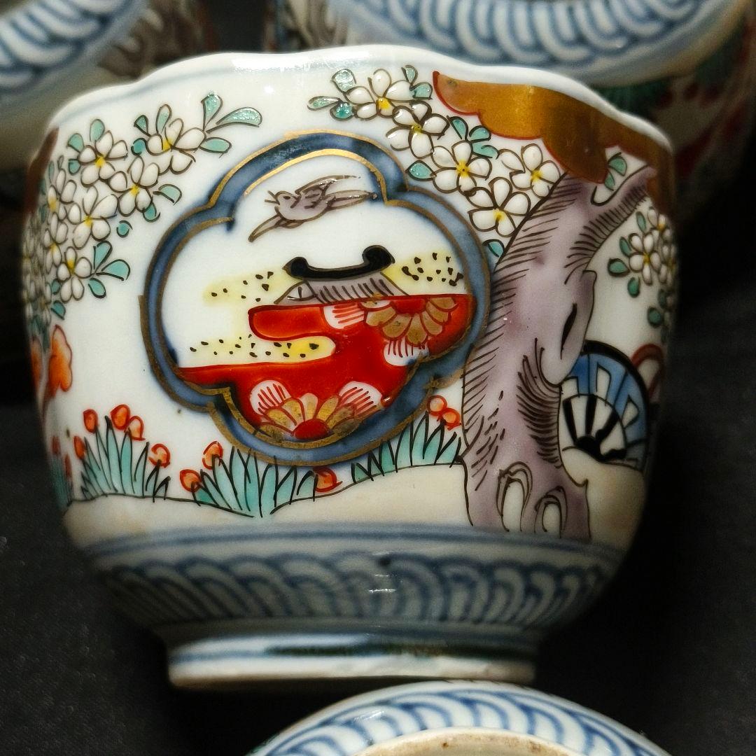 古伊万里 色絵蕎麦猪口5客 金縁 風景文 手描き 時代物 明治骨董 旧家蔵出し
