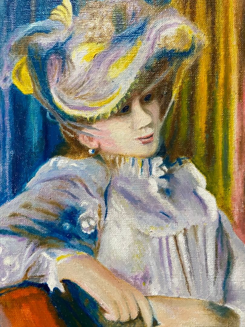 ルノワール　肉筆手描きの油絵模写画　帽子の女