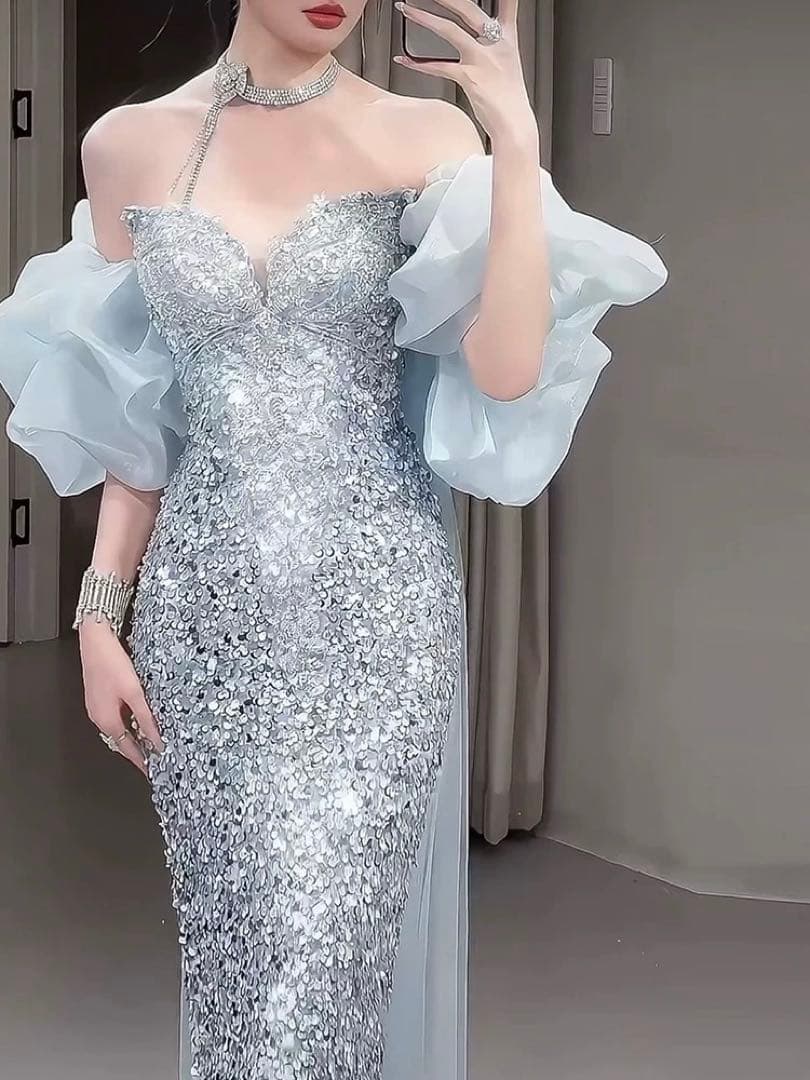 スパンコールがゴージャスなショール付き イブニングドレス