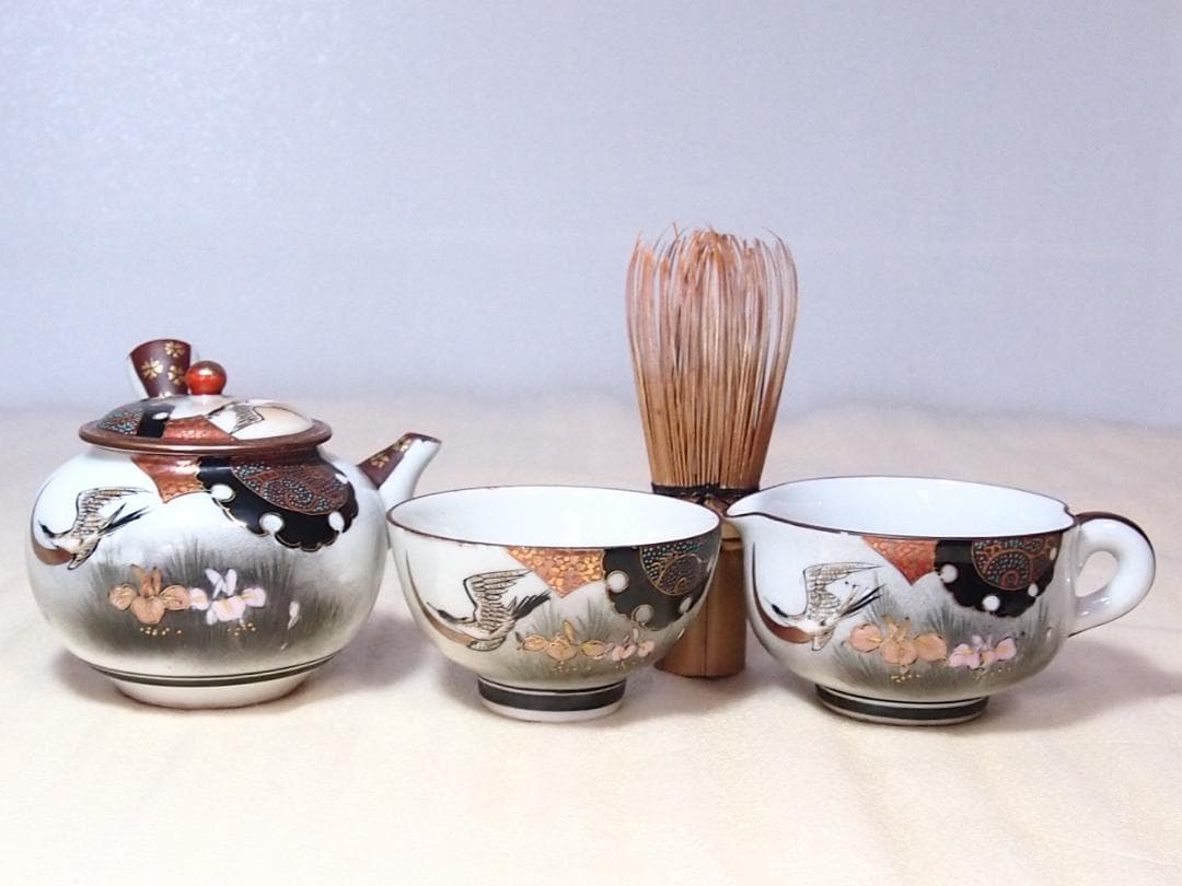 【骨董・時代の美品】九谷焼 茶器揃 5客 湯呑茶碗/湯冷まし/急須 鶴/花/青粒