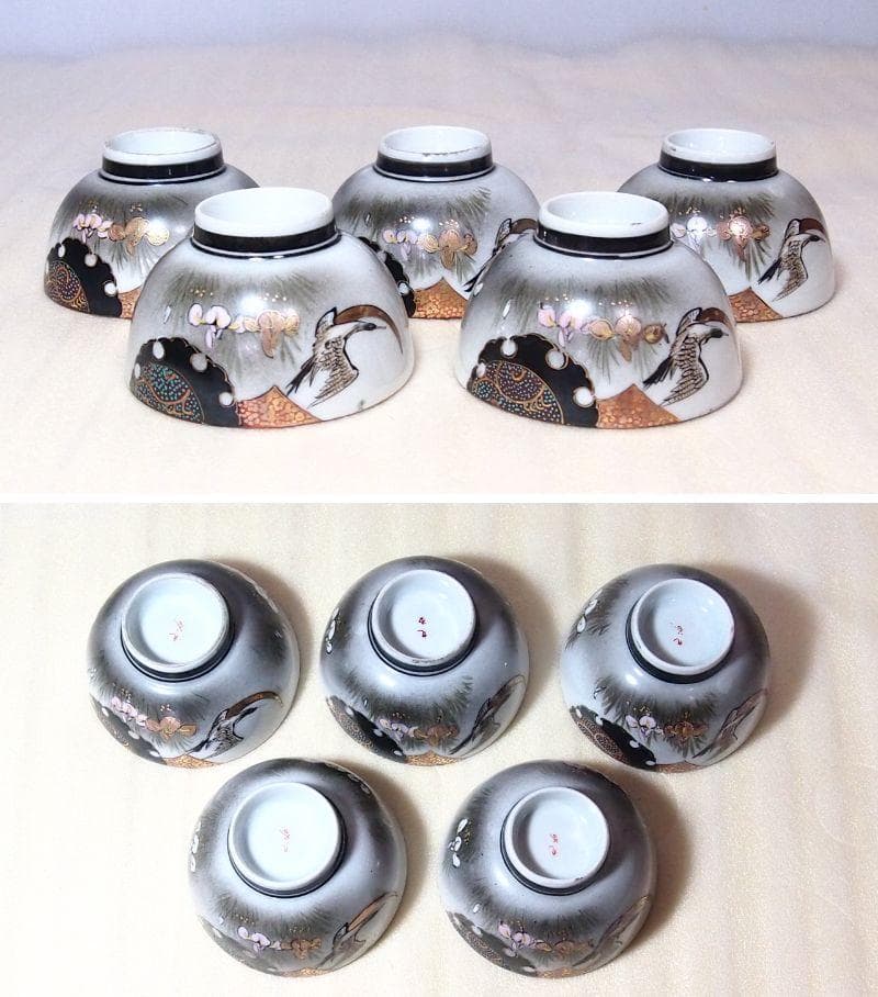 【骨董・時代の美品】九谷焼 茶器揃 5客 湯呑茶碗/湯冷まし/急須 鶴/花/青粒