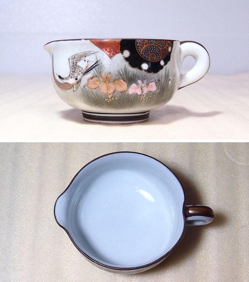 【骨董・時代の美品】九谷焼 茶器揃 5客 湯呑茶碗/湯冷まし/急須 鶴/花/青粒