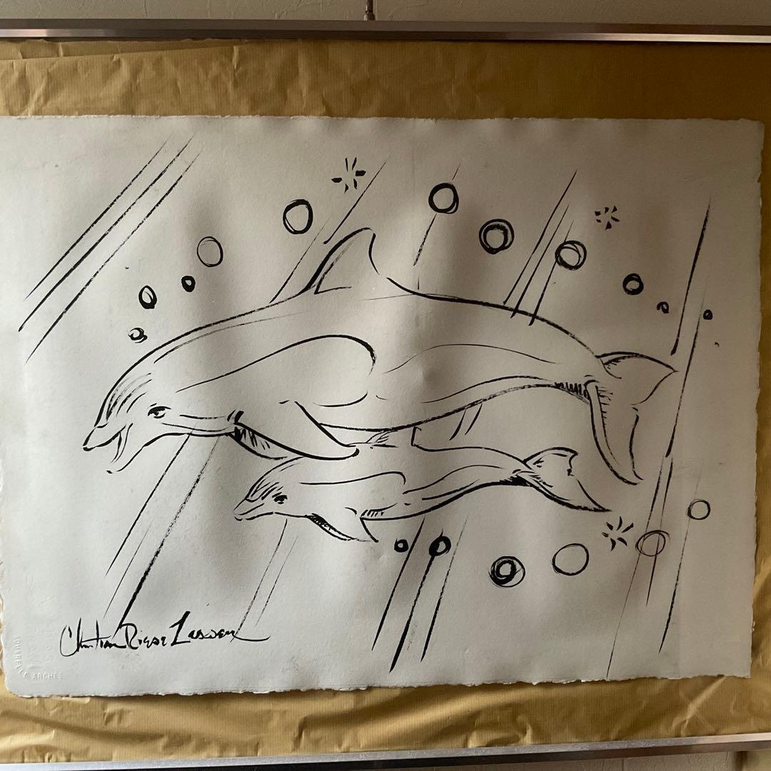 ラッセン 毛筆スケッチ(オリジナル原画)ドローイング　直筆サイン有　イルカの親子