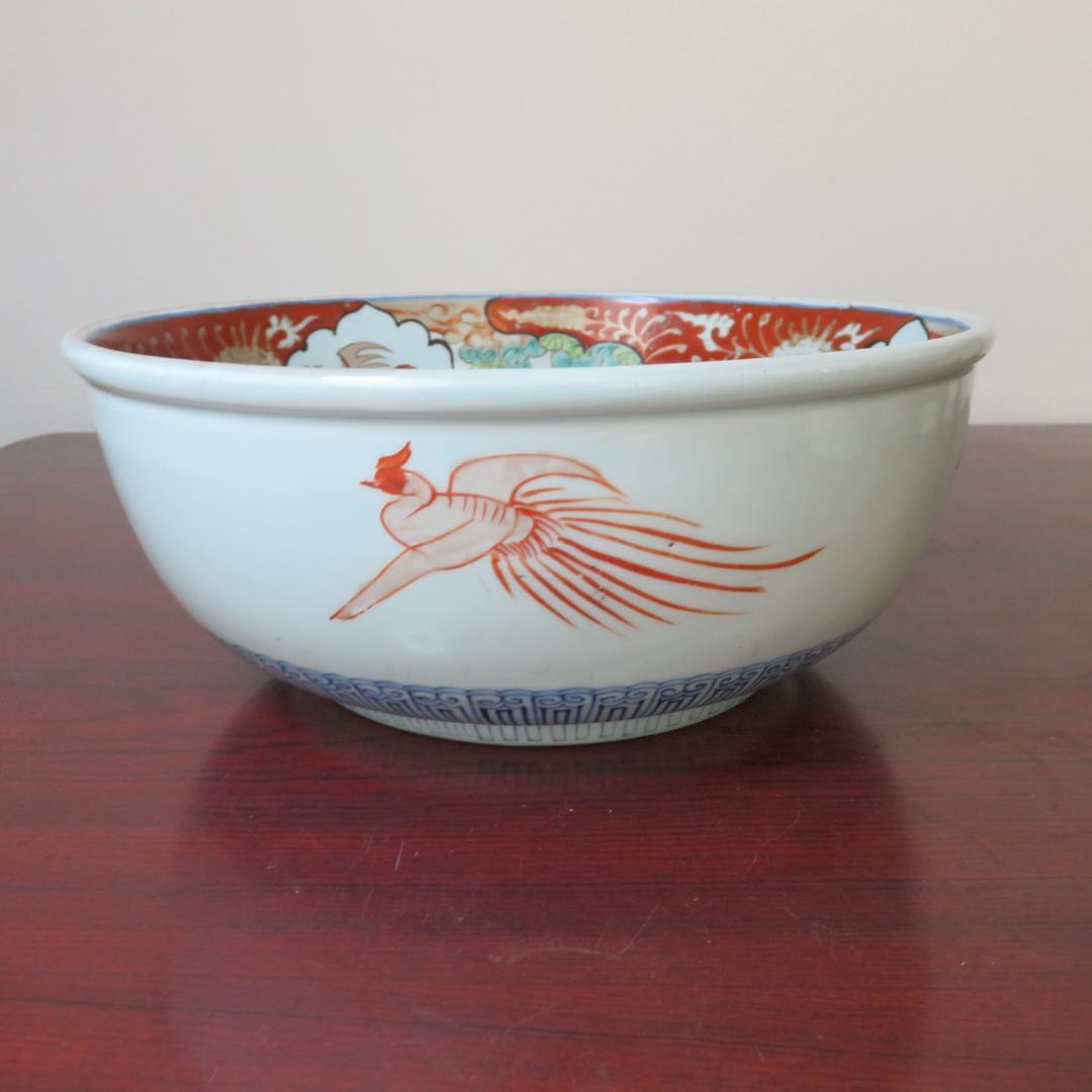 鉢 大鉢 色絵付け 赤絵 明治 大正 蛇の目 鳳凰 草文様