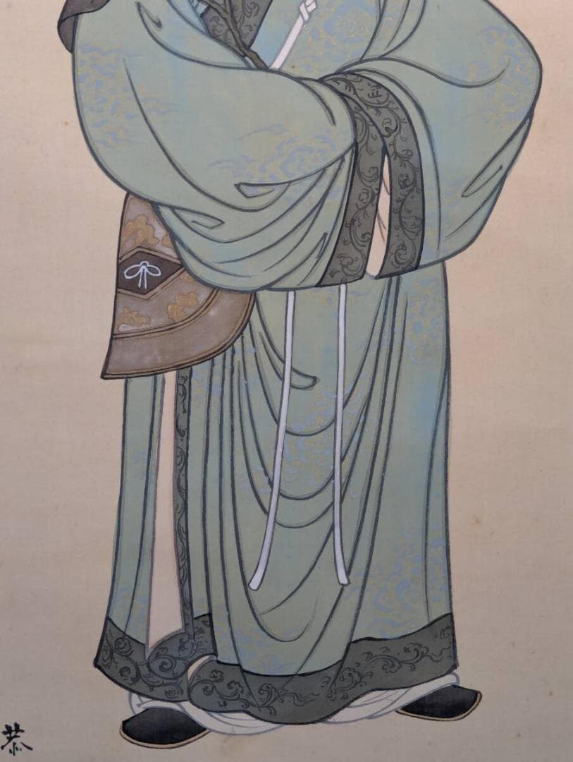 【真作】掛軸　奥村恭法　渡唐天神之図　梅花人物像　彩色日本画　共箱入　U15