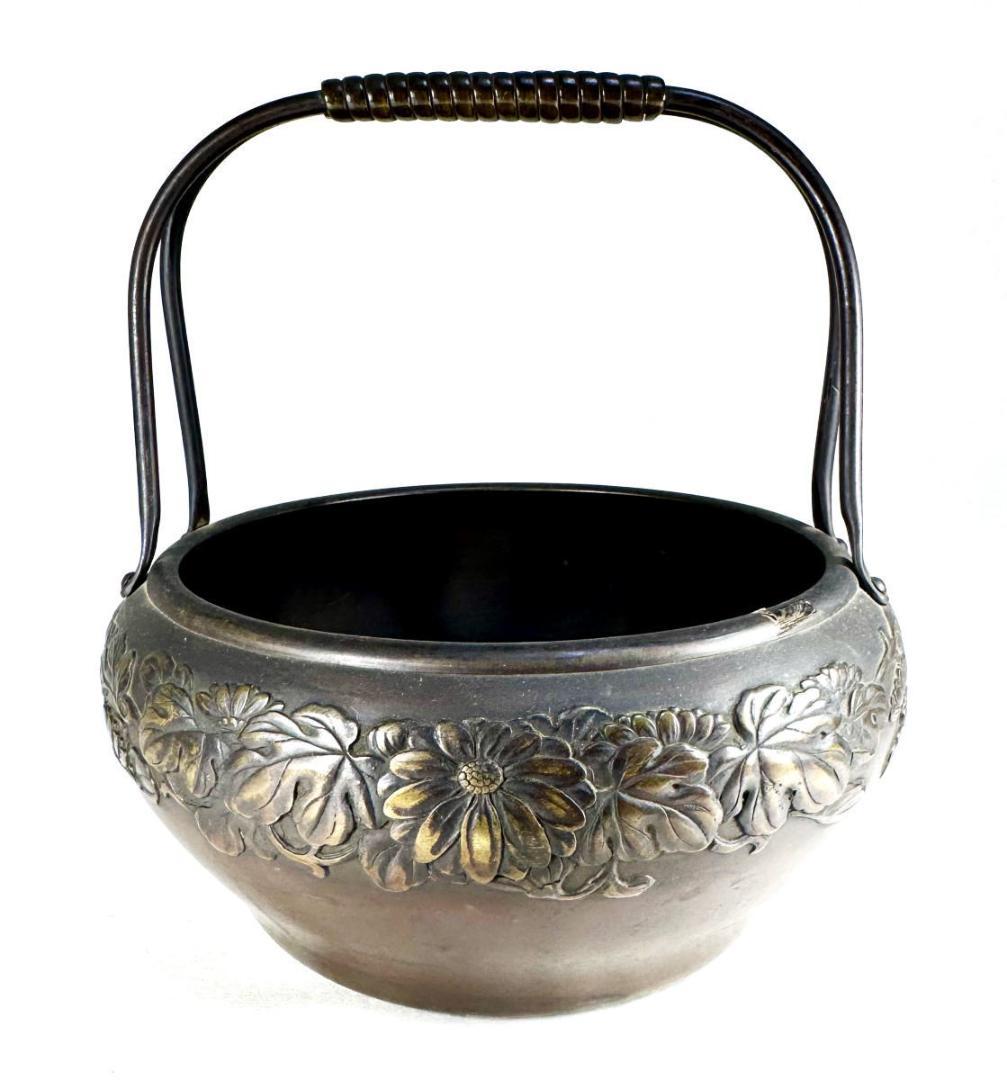 明治時代京都 森田山陽作 古銅花文提梁花器 在銘 古美術 ウブ品 WWST027