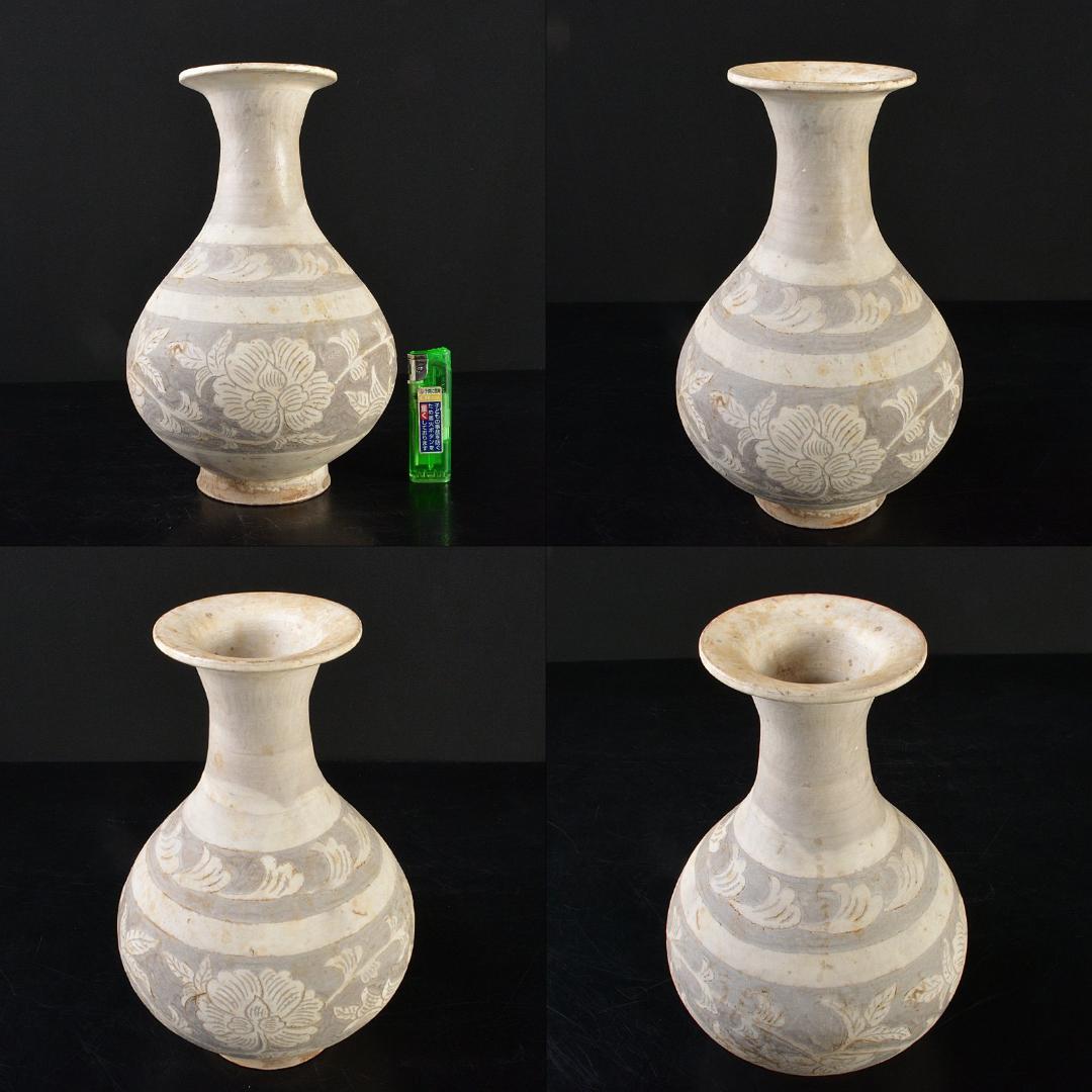 中国　磁州窯白磁　陰刻蓮花文　玉壷春瓶　C　R6084F