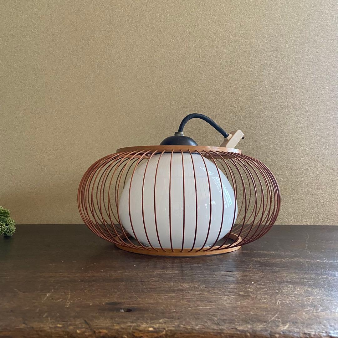 竹細工　天井照明　ペンダントライト　硝子シェード　和モダン　昭和レトロ