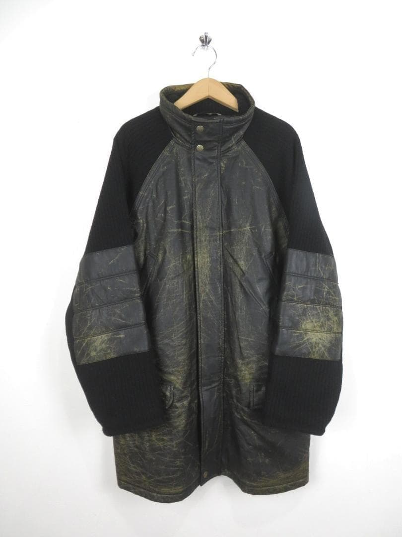 80s ヴェルサーチ イタリア製 ニット切り替え フェイクレザー ロングコート