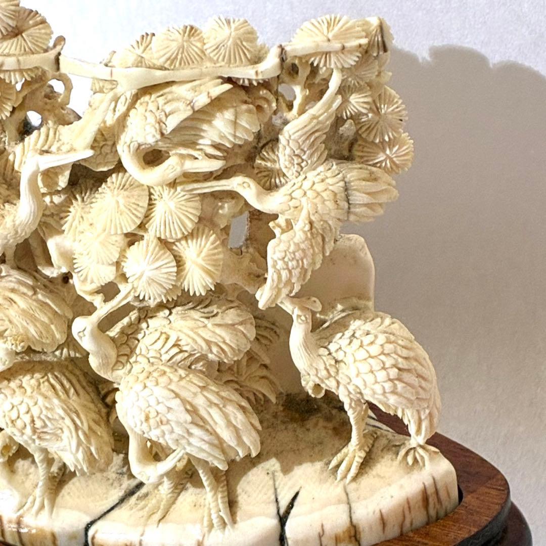 マンモス牙彫刻　細密彫刻鶴
