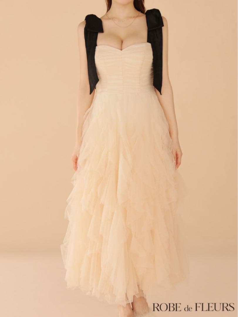 ROBE de FLEURSボリュームチュールショルダーリボンフレアロングドレス