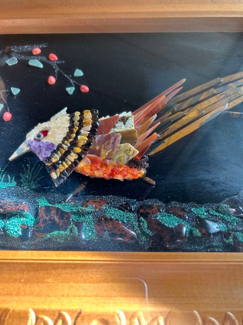 レトロ　芸術品　宝石画　貴石画　尊石画　孔雀　伝統　骨董品　昭和