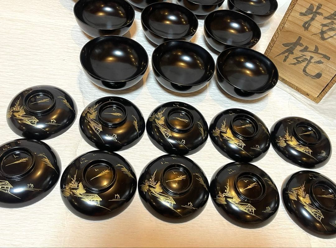 木製漆器 吸物椀 金蒔絵 骨董 時代物 アンティーク　１０客151