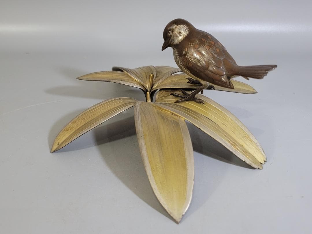 DT368 銅製 瑞雀笹 置物 共箱