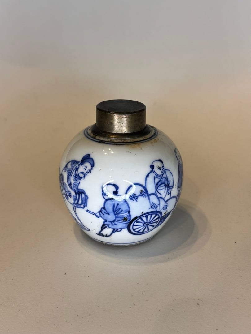 中国清代　人物染付茶葉缶　錫蓋　二重蓋　手描き　古美術　中国古陶磁　茶道具