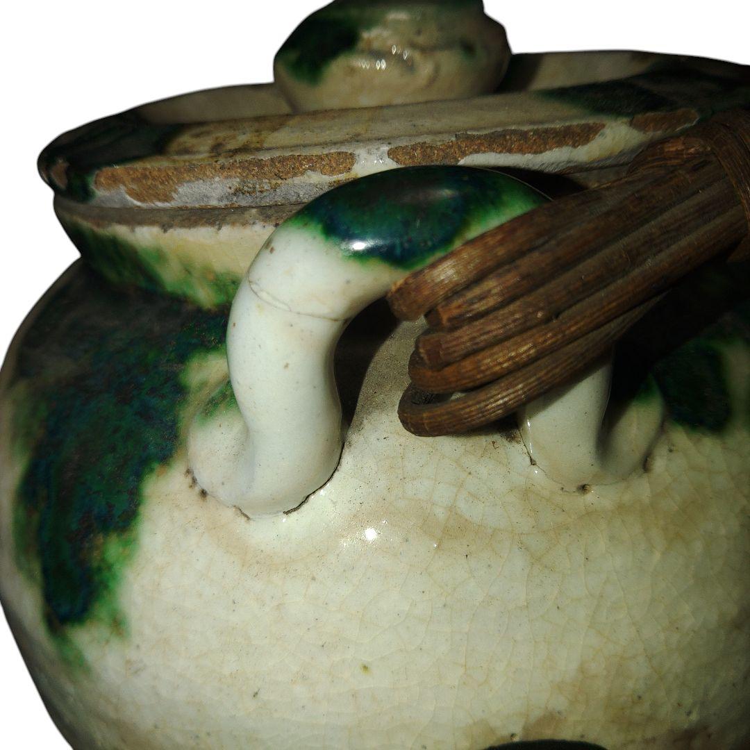 越後豊栄　太丘焼　織部釉土瓶　太丘銘　茶道