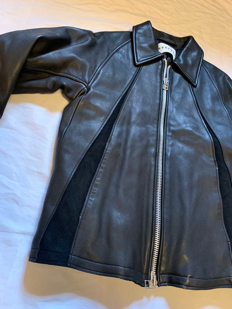 【NVRFRGT】Leather Paneled Zip Up Jacket新品