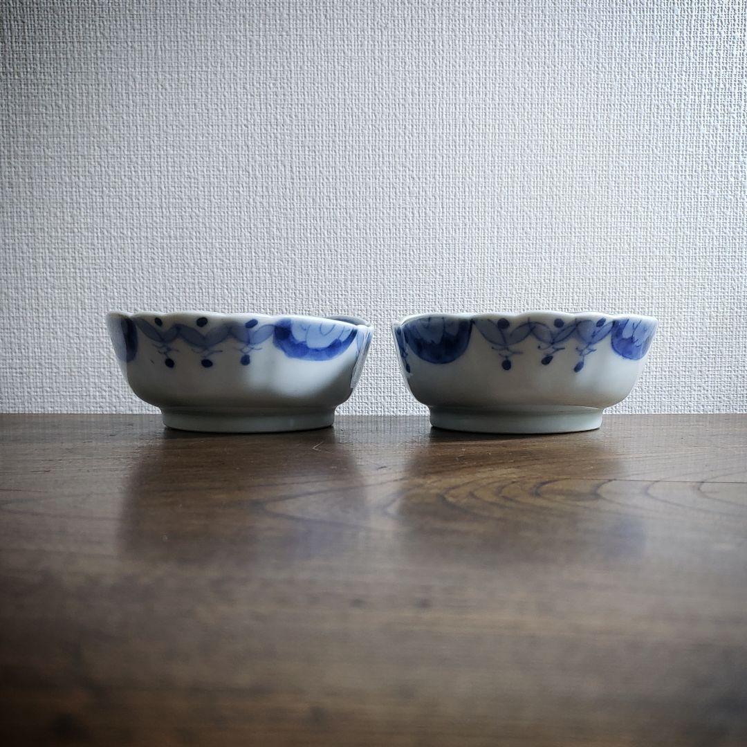 変形皿　舟形　染付　2客　銘　古伊万里　明治　変わり図柄　芙蓉手