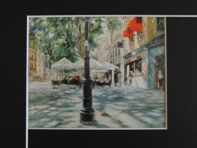 大場再生、緑陰のカフェ、希少な画集より、新品高級額・額装付、状態良好