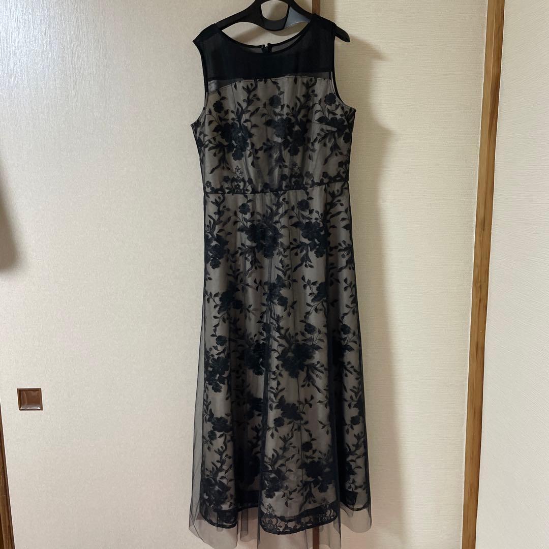 ブラック フラワー刺繍 マキシドレス ショール付き