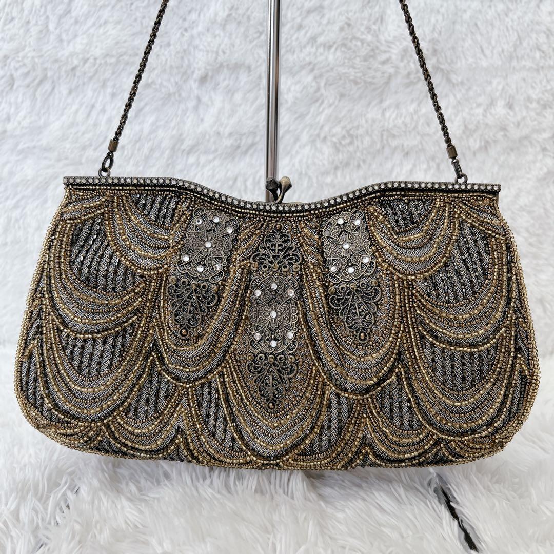 【極美品】LUMYルミーはしもと がま口ビーズバッグ ブロンズ 皇室御用達