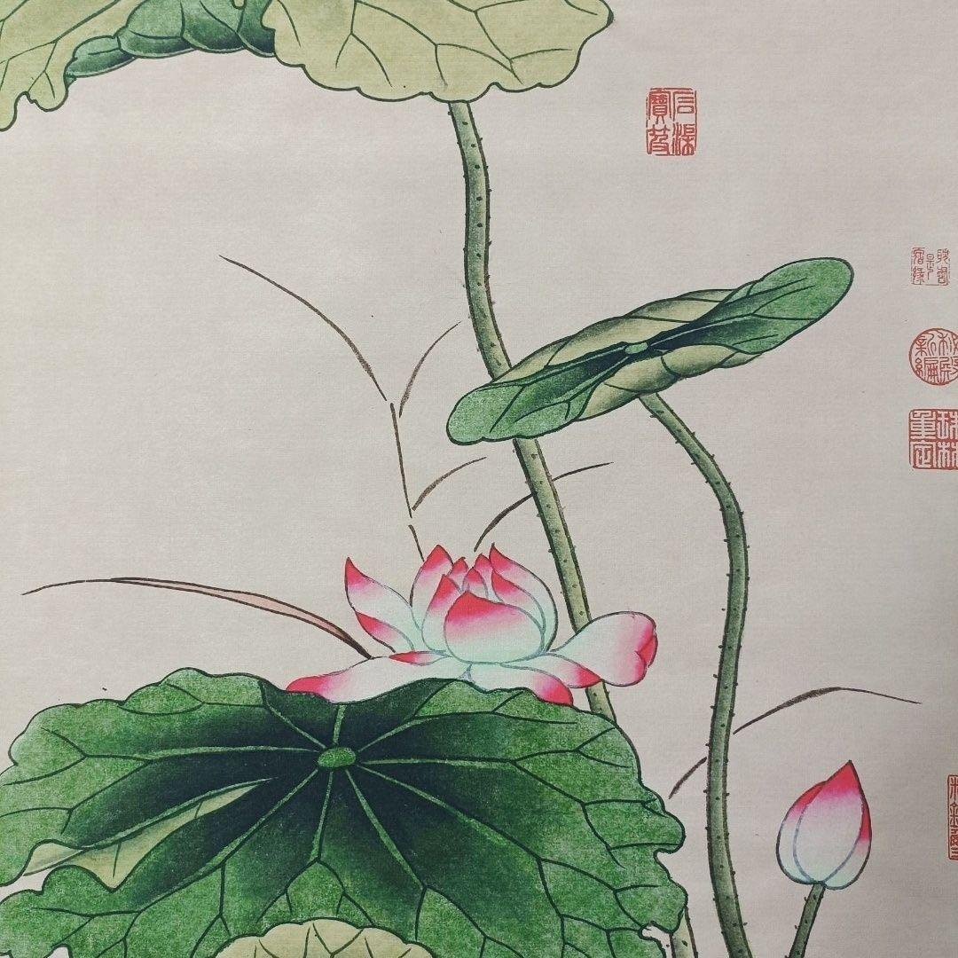 中国画 掛け軸 唐寅《荷塘雅趣》 中堂 証書付き／防伪 花鳥画インテリア