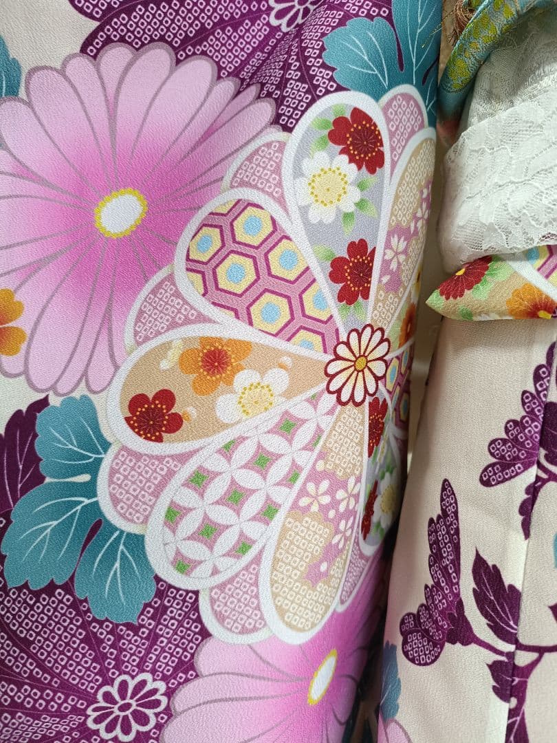 新品着物☆クリーム色大きな花模様着物☆作り帯フルセット