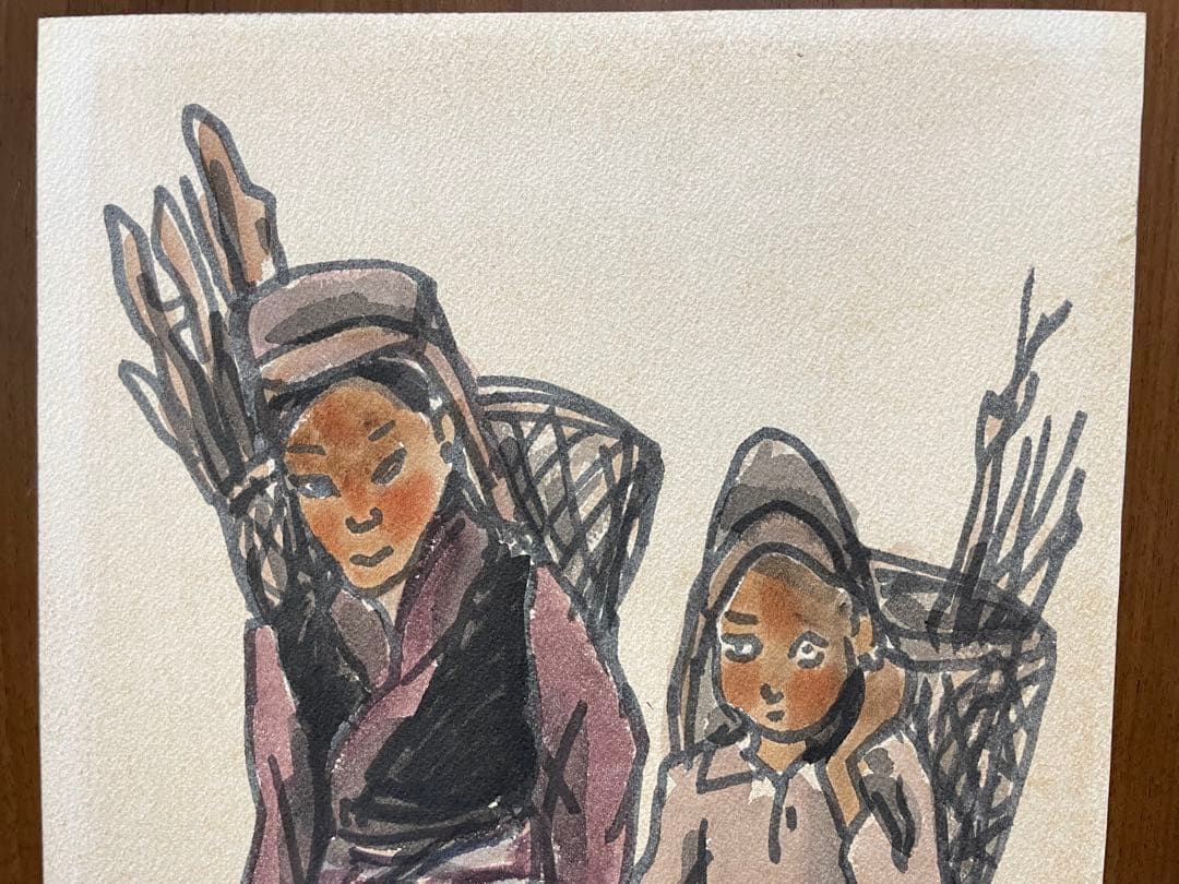 熊谷榧『たき木取りの姉弟』紙＋水彩画 原画 作品寸法約F5 1点もの 真作保証