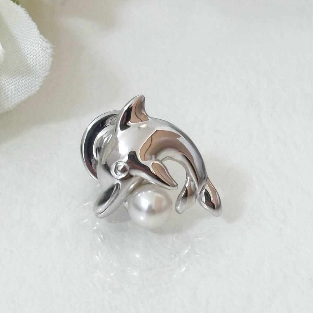 024【ミキモト】シルバー　パール　ピンブローチ　イルカ