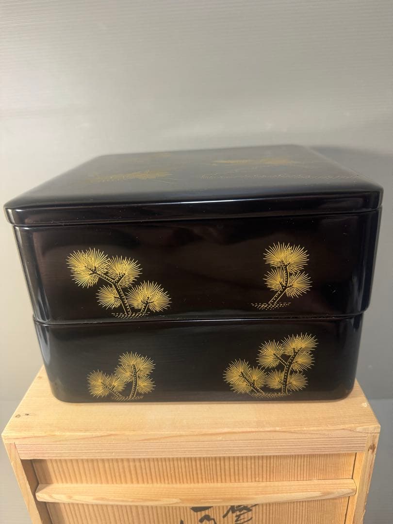 2445 輪島塗　金蒔絵　松鶴文　二重箱